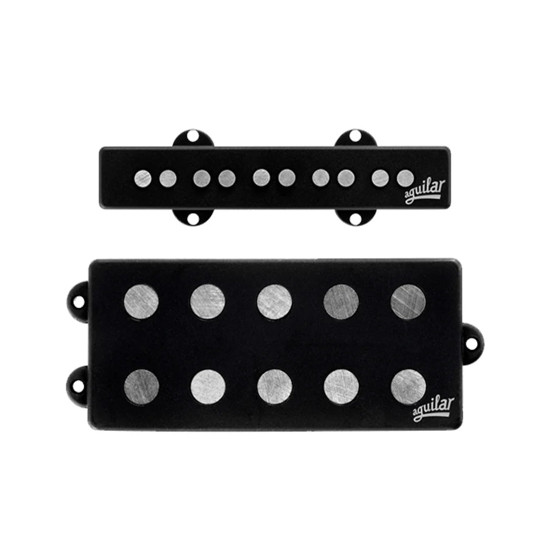 Aguilar 5-string Musicman Jazz Bass hum-canceling pickup set showing black pickups with pole pieces and wiring for guitar parts.