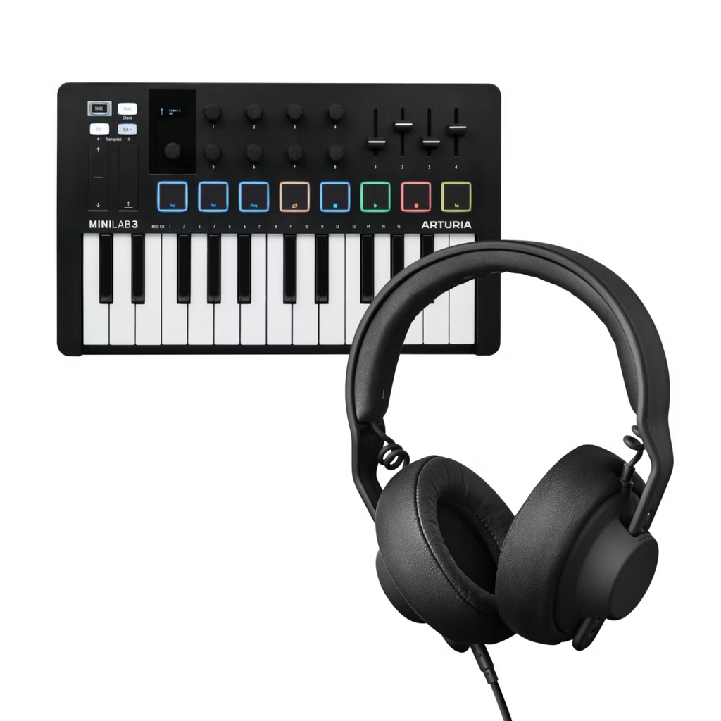 AIAIAI Studio XE headphones and Arturia Minilab MIDI controller bundle, featuring professional studio audio gear and compact MIDI controller.