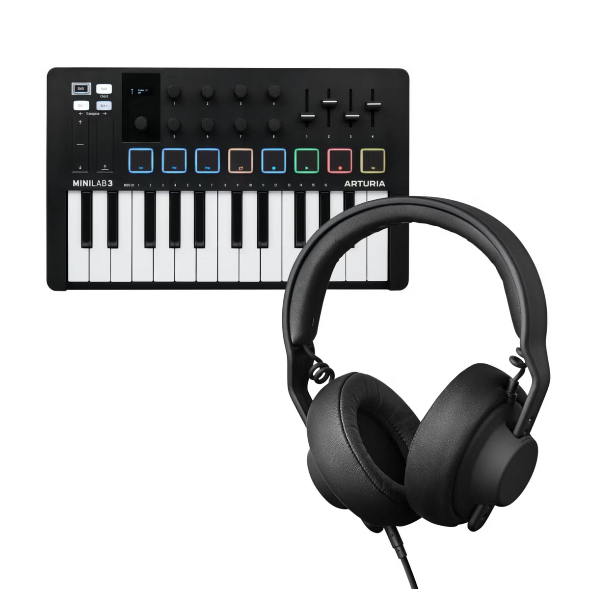 AIAIAI Studio XE headphones and Arturia Minilab MIDI controller bundle, featuring professional studio audio gear and compact MIDI controller.
