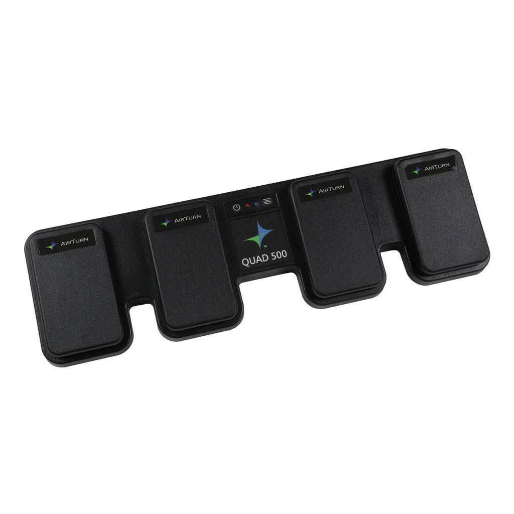AirTurn QUAD 500 MIDI controller with foot pedals, compact design, and wireless connectivity for musicians.