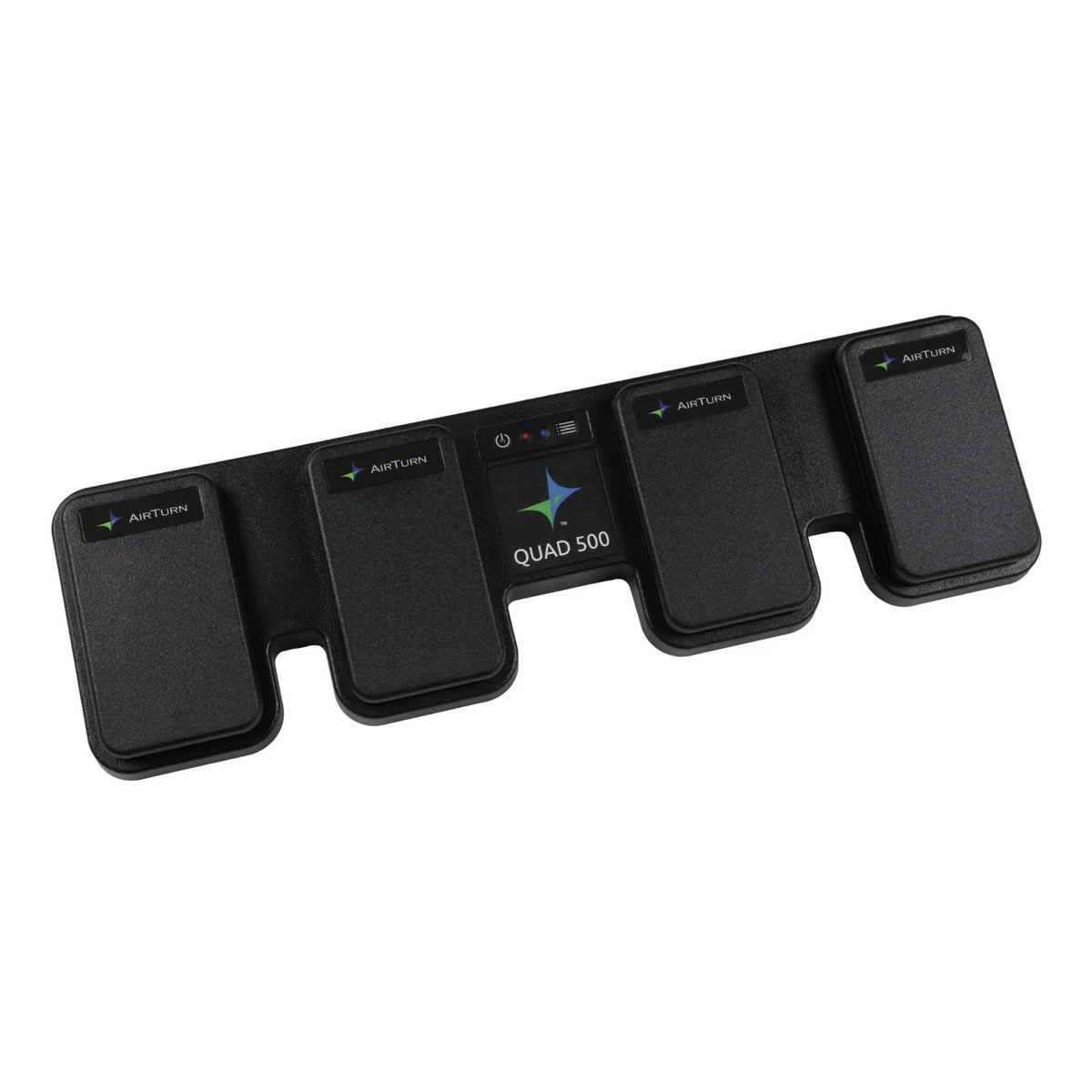 AirTurn QUAD 500 MIDI controller with foot pedals, compact design, and wireless connectivity for musicians.