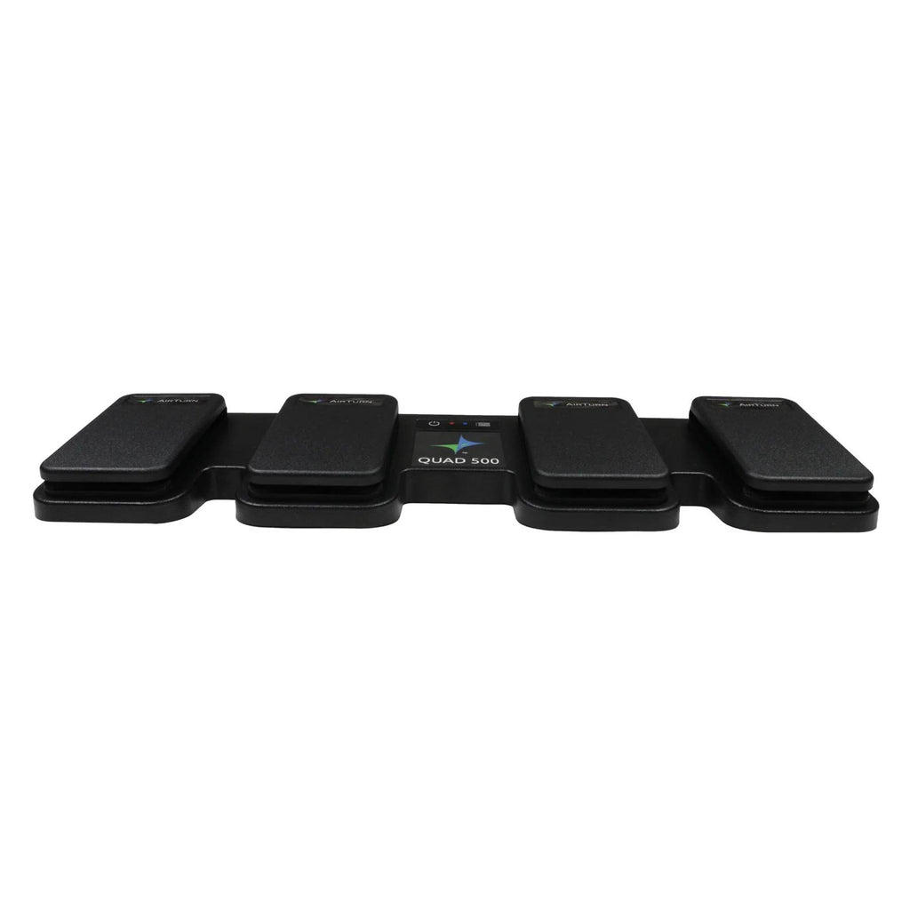 AIRTURN QUAD 500 MIDI controller with foot pedal setup, designed for hands-free music and presentation control.