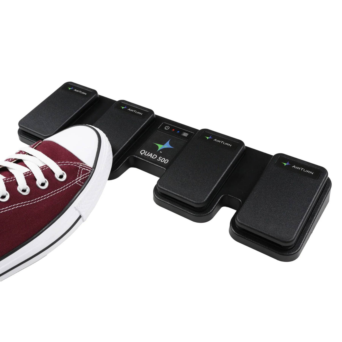 AIRTURN QUAD 500 MIDI controller with footswitches, compact design, and user-friendly interface for music performance.