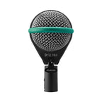 AKG D112 MKII professional dynamic bass drum microphone connected to a microphone stand, designed for live sound applications.