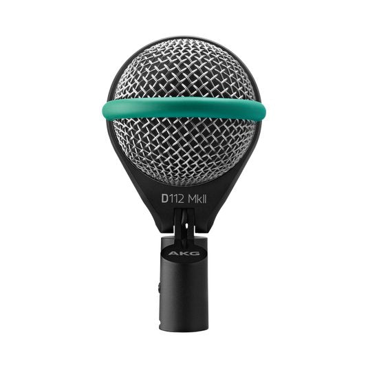AKG D112 MKII professional dynamic bass drum microphone connected to a microphone stand, designed for live sound applications.