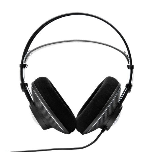 Open-back AKG K612 Pro reference studio headphones with over-ear design and black finish, featuring large ear cups and adjustable headband.