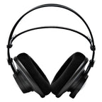 Open-back AKG K702 reference studio headphones with large ear cups and adjustable headband, designed for professional audio mixing.
