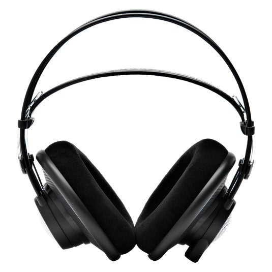 Open-back AKG K702 reference studio headphones with large ear cups and adjustable headband, designed for professional audio mixing.