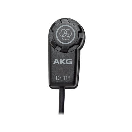 AKG C411L miniature condenser instrument microphone with wired connection, designed for live performances and professional audio use.