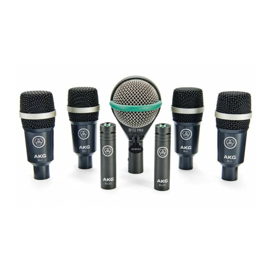AKG wired live microphones including D112 MKII, C430, and D40 models arranged for concert setup.