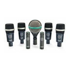 AKG wired live microphones including D112 MKII, C430, and D40 models arranged for concert setup.