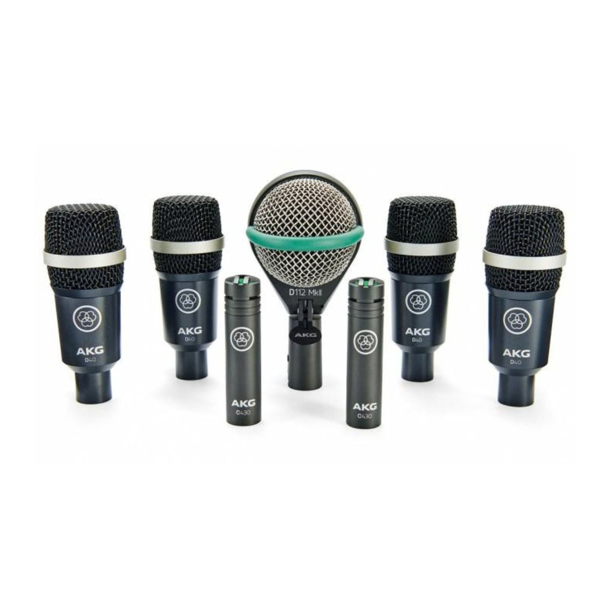 AKG wired live microphones including D112 MKII, C430, and D40 models arranged for concert setup.