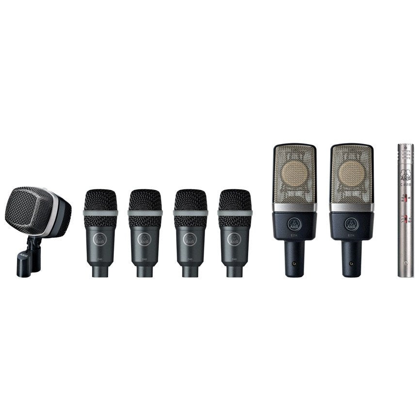 AKG wired live microphones including D12VR, D40, C214ST, and C451B, displayed together on a stand.