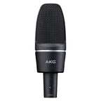 AKG C3000 high-performance large diaphragm condenser studio microphone set on a stand with cables.