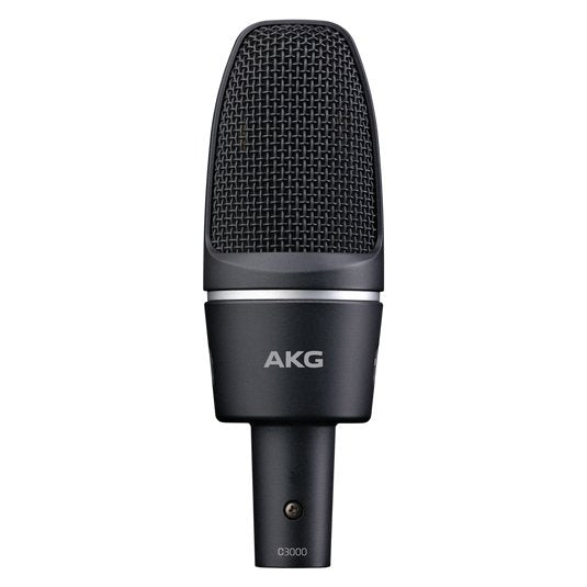 AKG C3000 high-performance large diaphragm condenser studio microphone set on a stand with cables.