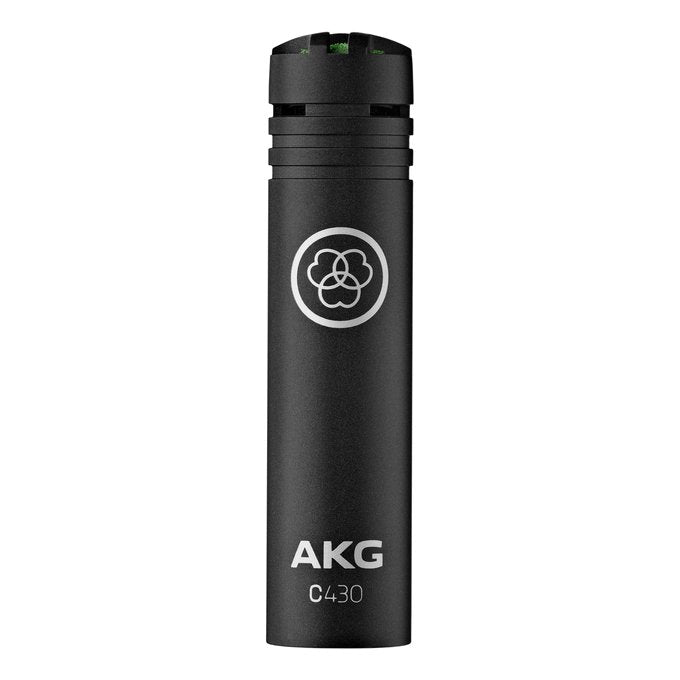 AKG C430 miniature condenser microphone connected to a cable, designed for live sound recording and performance.