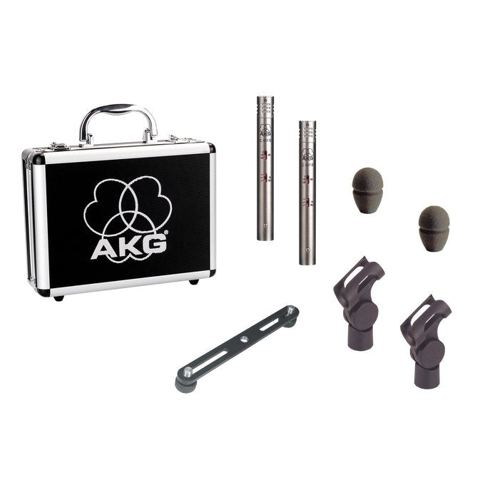 Pair of AKG C451B small diaphragm condenser studio microphones with case and stereo bar, ideal for detailed audio recording.