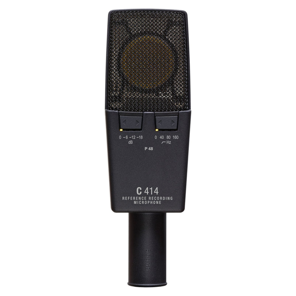 AKG C414 XLS studio condenser microphone with multiple pattern options, shown with its professional metal body and controls.