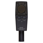 AKG C414 XLS studio condenser microphone with multiple pattern options, shown with its professional metal body and controls.