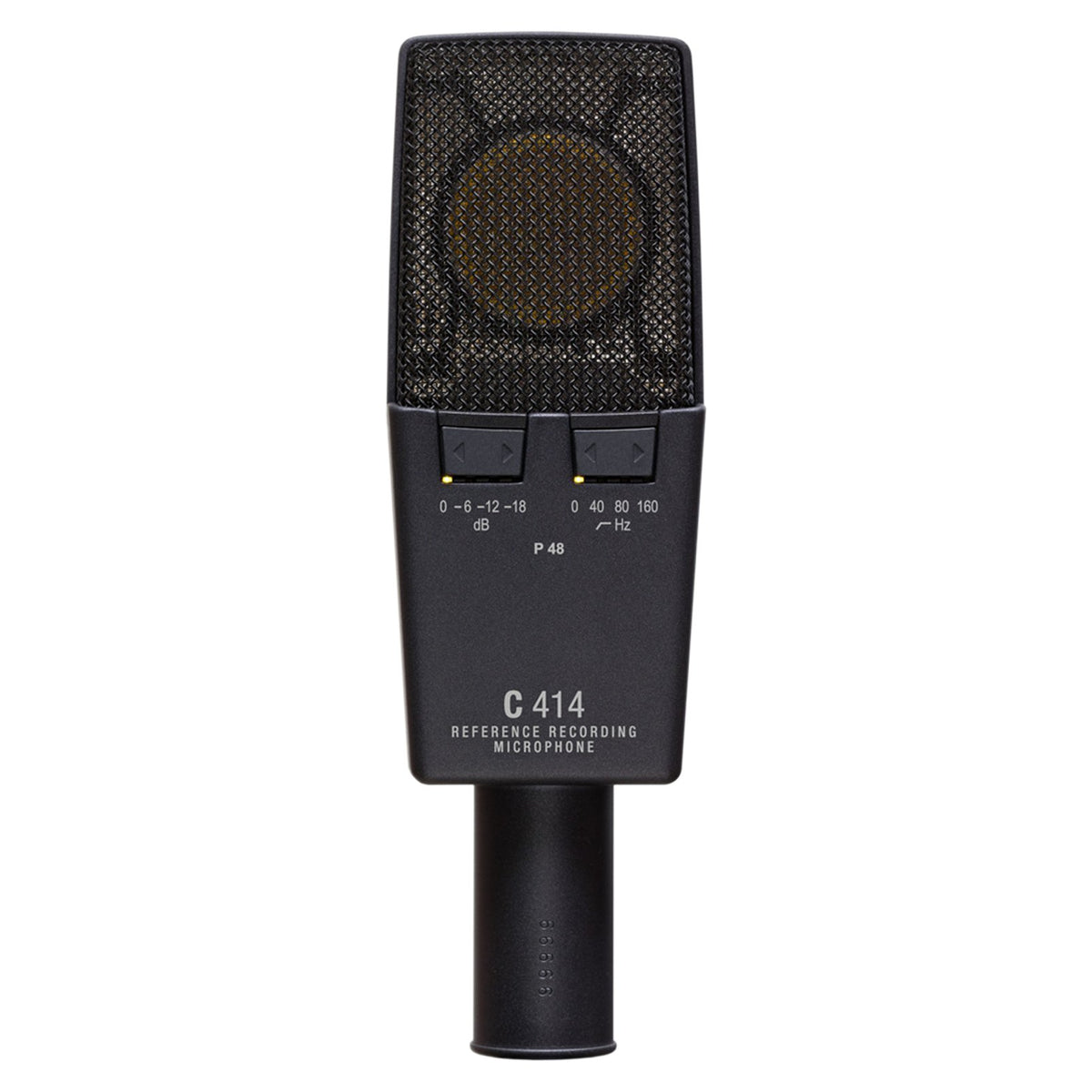 AKG C414 XLS studio condenser microphone with multiple pattern options, shown with its professional metal body and controls.