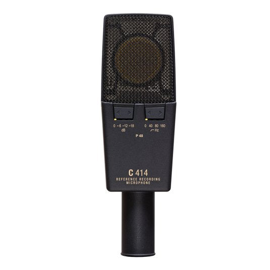 AKG C414 XLII multi-pattern condenser microphone for studio recording, featuring a sleek black design and multiple pattern selector switches.