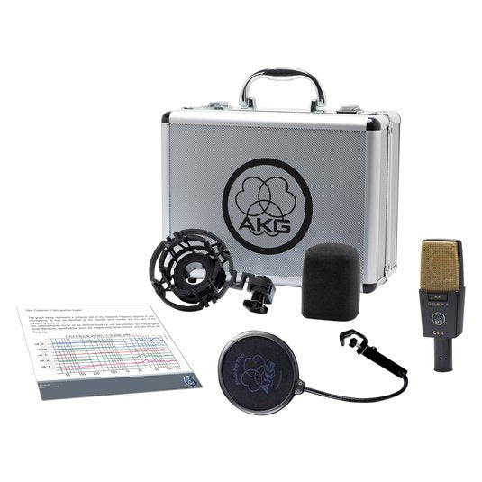 AKG C414 XLII condenser studio microphone with multi-pattern capsule, black body, and silver grille for professional recording.