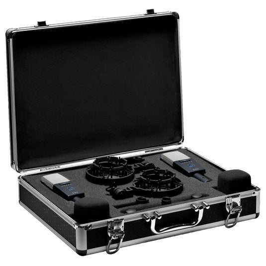 Pair of AKG C414 XLS studio microphones with multi-pattern large diaphragm condenser microphones for professional recording.