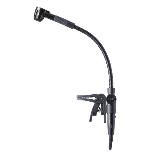 AKG C519M miniature clip-on condenser wired microphone for live performances, shown clipped onto a speaker or clothing.