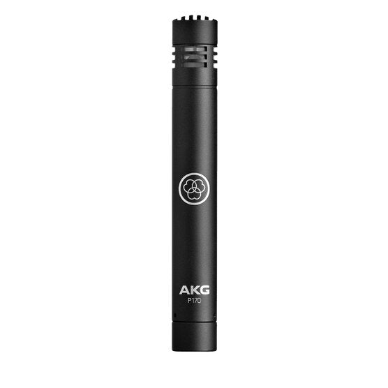 AKG P170 high performance instrument condenser microphone for studio recording, shown with its black body and metal grille.