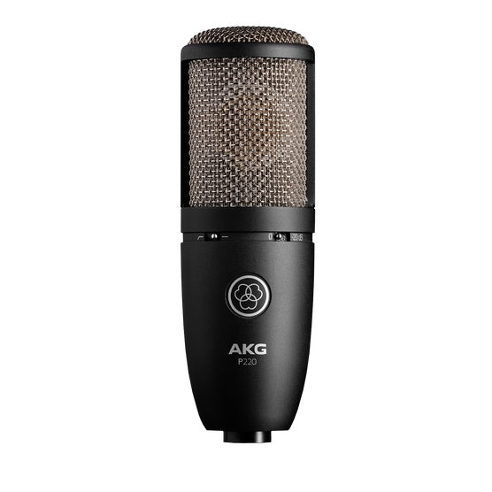 AKG P220 large diaphragm condenser microphone for studio recording, showing the microphone with a black finish and rugged build