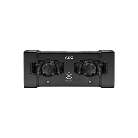 AKG CU800 dual charger for DMS800 wireless microphones, shown with charging ports and sleek black design.