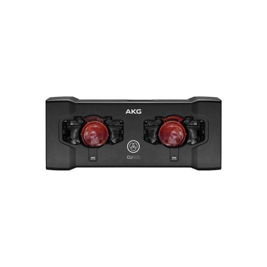 AKG CU800 dual charger for DMS800 wireless microphones, compact black charging station with two slots for microphone batteries or transmitters.