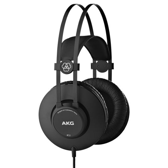 AKG K52 closed-back studio headphones with over-ear design and black ear cups, ideal for professional audio monitoring.