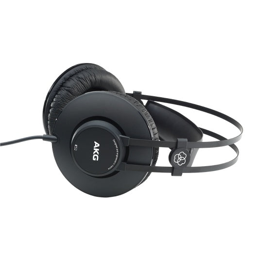AKG K52 closed-back studio headphones with padded ear cups and adjustable headband, designed for comfortable listening.
