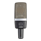 AKG C214 professional large diaphragm condenser microphone for studio recording, shown with metal grille and connection port.