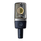 AKG C214 professional large diaphragm condenser microphone on a tripod stand, ideal for studio recording and vocals.