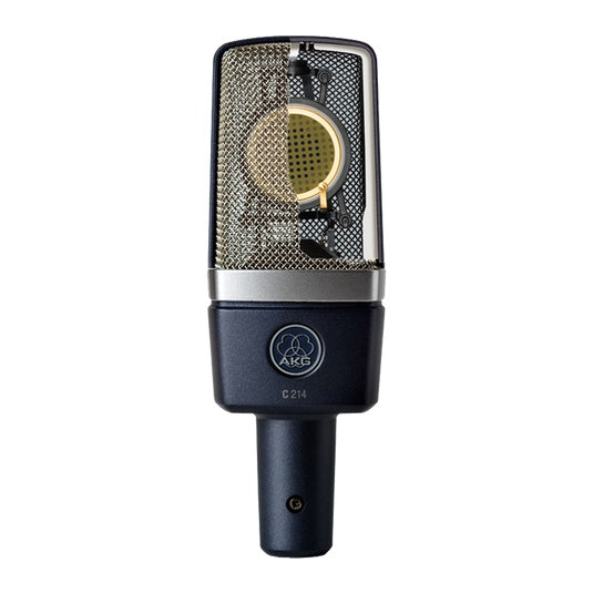 AKG C214 professional large diaphragm condenser microphone on a tripod stand, ideal for studio recording and vocals.