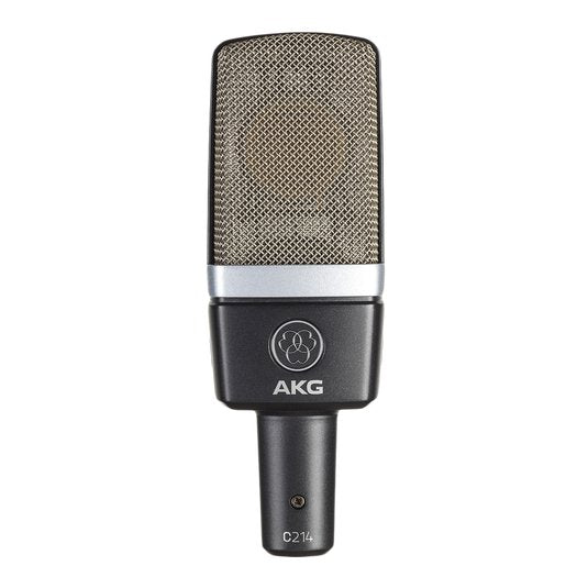 Pair of AKG C214 professional large diaphragm condenser studio microphones, shown with their sleek black finish and XLR connections.
