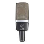 Pair of AKG C214 professional large diaphragm condenser studio microphones, shown with their sleek black finish and XLR connections.