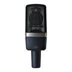 Pair of AKG C214 large diaphragm condenser studio microphones, professional-grade, with metal grille and XLR connectors.