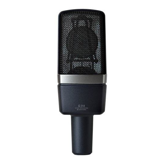 Pair of AKG C214 large diaphragm condenser studio microphones, professional-grade, with metal grille and XLR connectors.