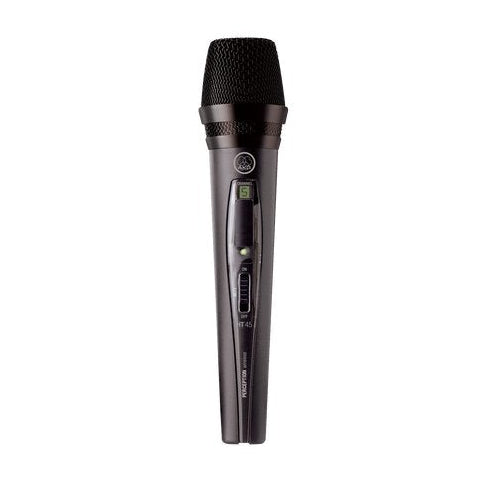 AKG HT45A handheld wireless transmitter for microphones, compact audio device with microphone connection and wireless controls.