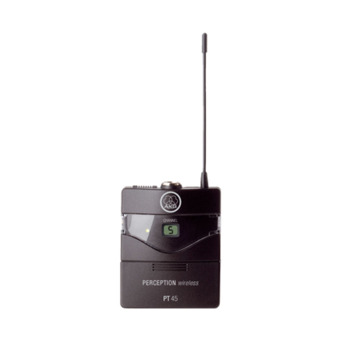 AKG PT45A wireless body pack transmitter for professional microphones, compact and lightweight with adjustable clip and antenna.