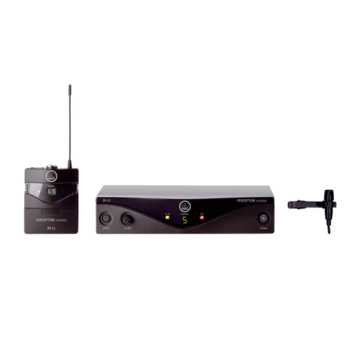 Wireless AKG Perception Presenter lapel microphone on a presenter, showing its compact design and clip for hands-free speaking.