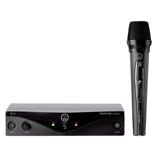 AKG PW45 Perception Vocal Wireless Microphone Set with two handheld microphones and receiver for live performances.