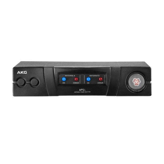 AKG APS4 antenna power splitter for wireless microphones with EU power supply, used to distribute signals for professional audio setups.