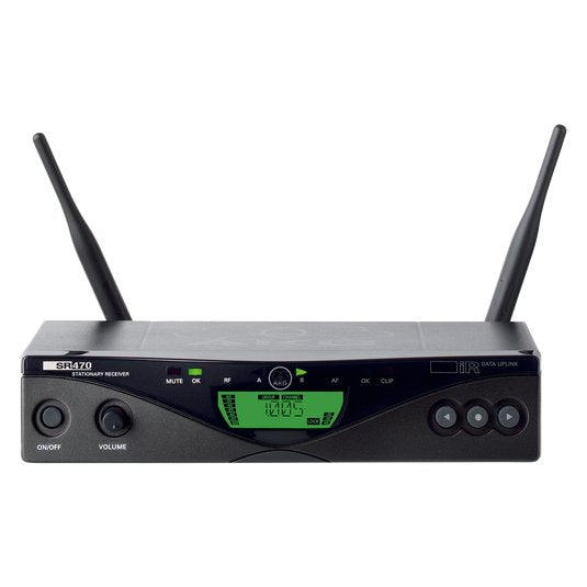 Wireless AKG SR470 receiver for microphones, compact black device with controls and antenna for professional audio setup.