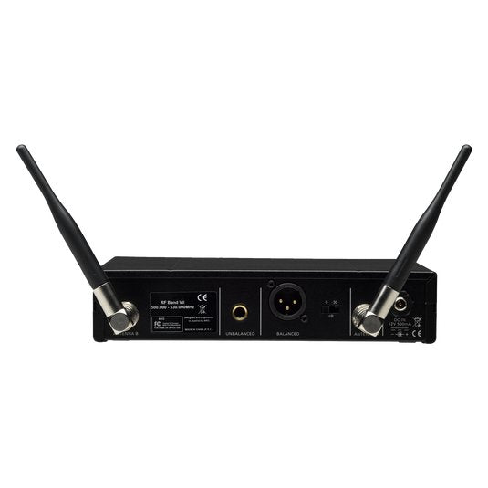 Wireless AKG SR470 receiver for microphones with digital display and connection ports, used in professional audio setups.