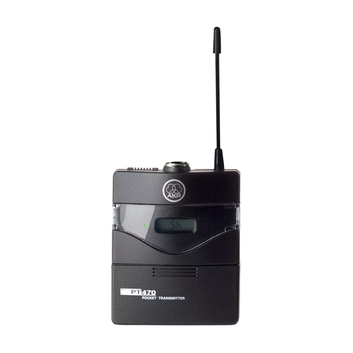 AKG PT470 wireless body-pack transmitter for microphones, compact device with microphone connection and control features.