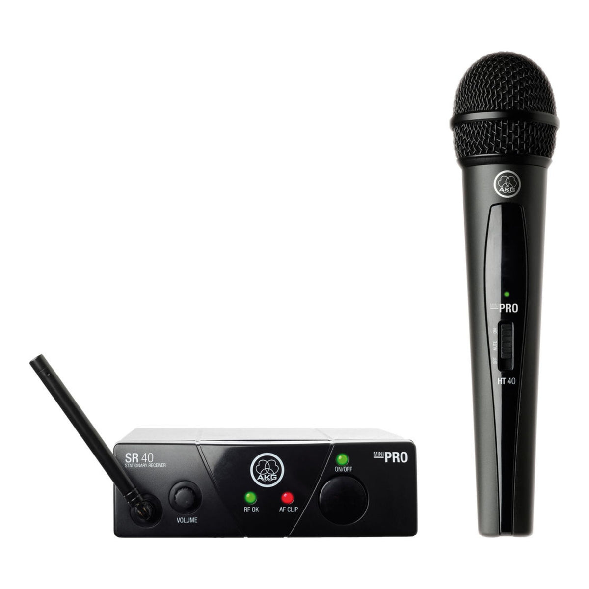 Wireless AKG WMS 40 Mini US25 single vocal microphone with handheld transmitter and microphone head for live vocals.